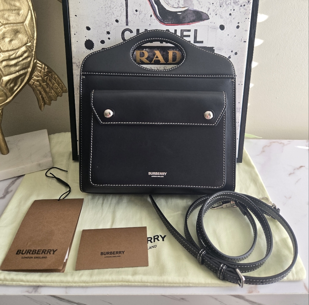 EUC Burberry Pocket Mini Topstitched Top Handle Bag With Crossbody Strap